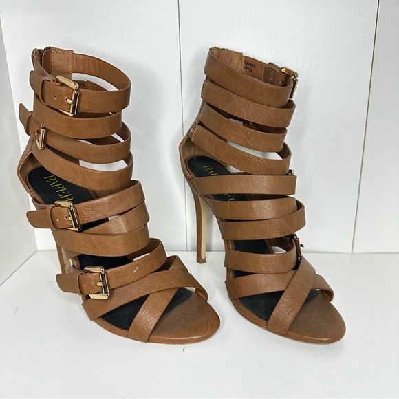 Shoes - Brown Stiletto Heels with Strappy Design